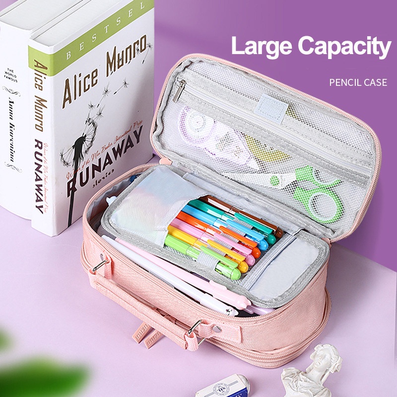 

Two-side Open Pencil Bag Multi Layers Large Capacity Canvas Pen Case Handle Storage Pouch for Statio