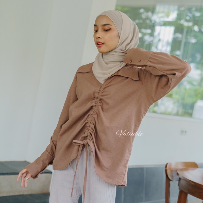 Kenzie Drawstring Blouse Shirt Linen Crinkle Valiable