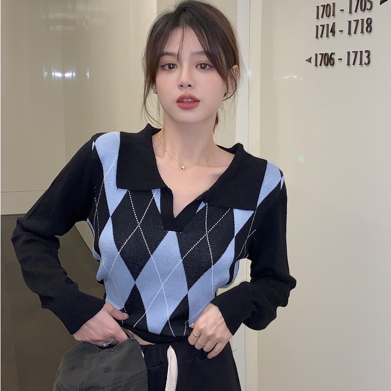 Knitwear wanita/blouse wanita korea/lengan panjang blouse kekinian/kotak wanita