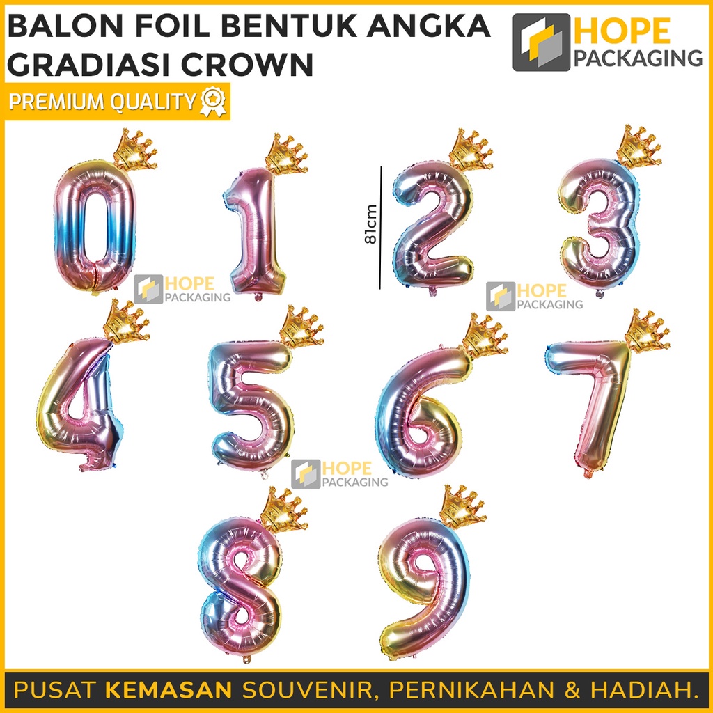 Balon foil bentuk angka gradasi Crown Balon ulang tahun / ultah / happy birthday 0 samspai 9