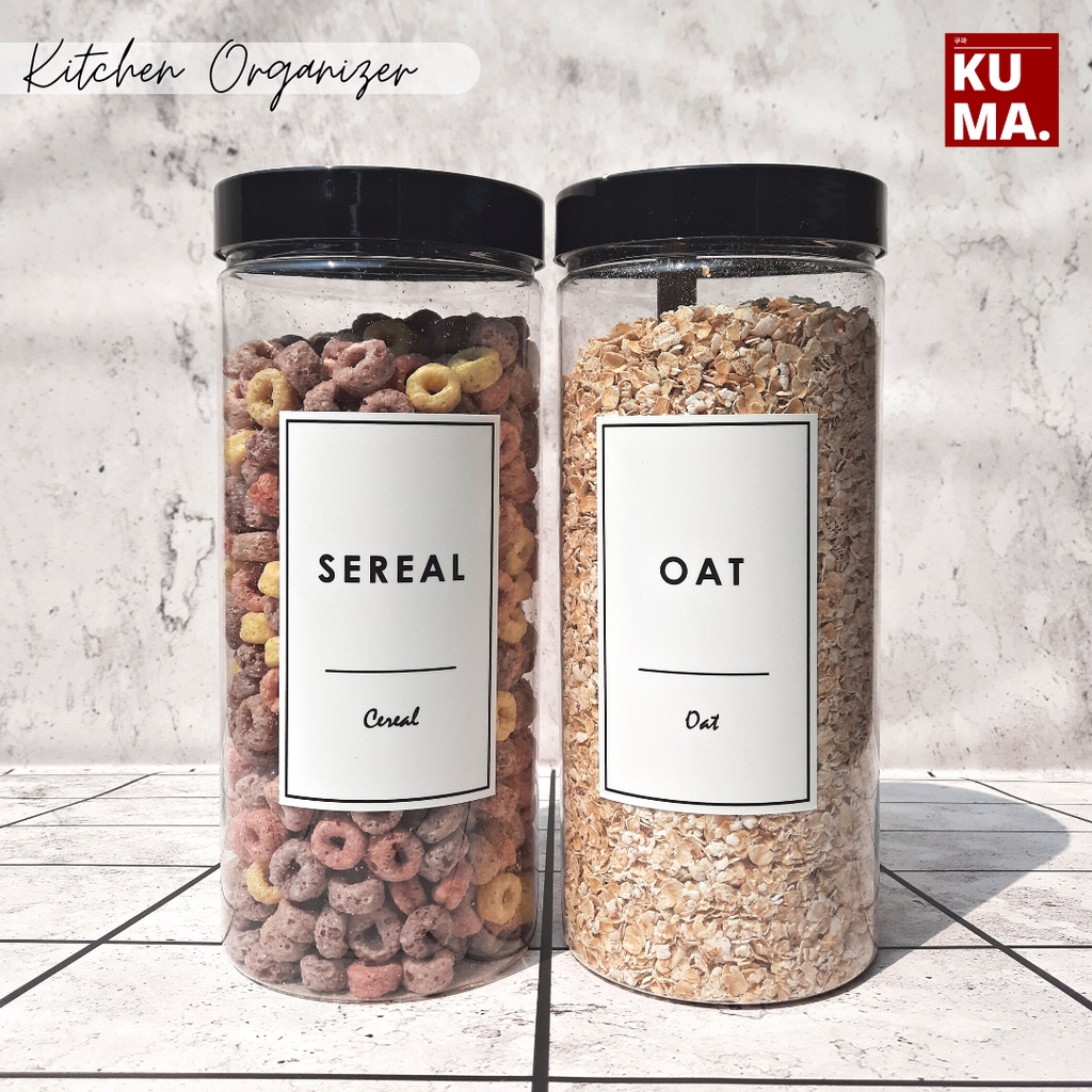 Toples 1300ml TUTUP HITAM Bahan Plastik PET Toples Bening Tepung Gula Kopi Aesthetic Toples Dapur Minimalis Dengan Label Anti Air