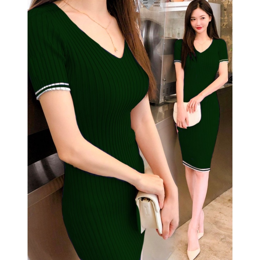 Basic id fashion Dres rajut bodycon / korean dres rajut / Baju rajut premium / Dres rajut V