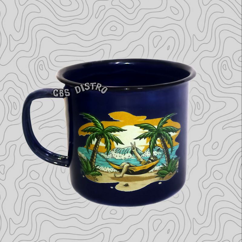 Gelas Mug Cangkir Enamel Stainless Motif Coffee Kopi Teh Susu Cantel Gagang Camping Kemping Kemah Ad