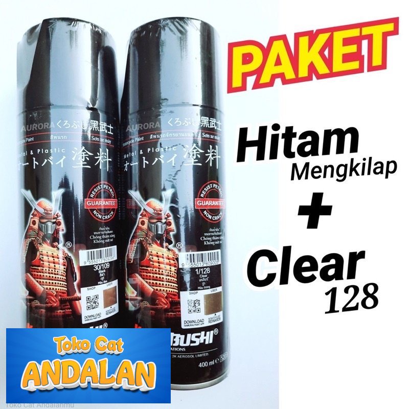 

Toko Cat Andalan - Paket Samurai Black 109 + Clear 128 Pilox Hitam Mengkilap Cat Pilok Pylox Vernis Gloss Toko Cat Andalan Motor dan Mobil