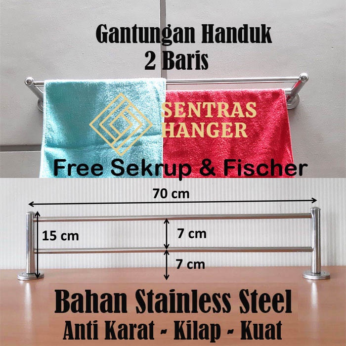 Gantungan Handuk Stainless Steel, Panjang 70 cm,1 Baris &amp; 2 Baris