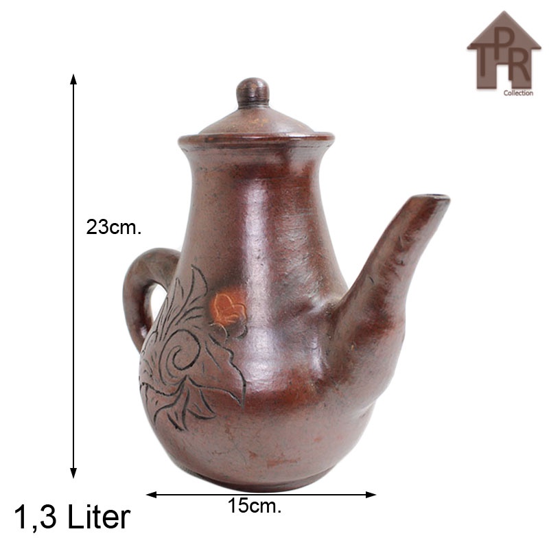 Gerabah - Poci Tanah Liat Ukir Langsing Antik / Tea Pot1.3L + Krat Kayu