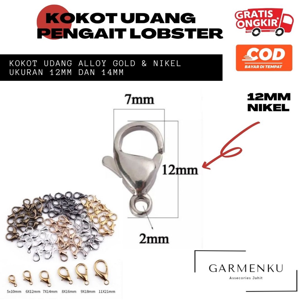 Kokot Udang Atau Pengait Lobster Untuk  Tali Masker Gelang Kalung Dan Kerajinan Lainya , Ukuran 12 dan 14mm