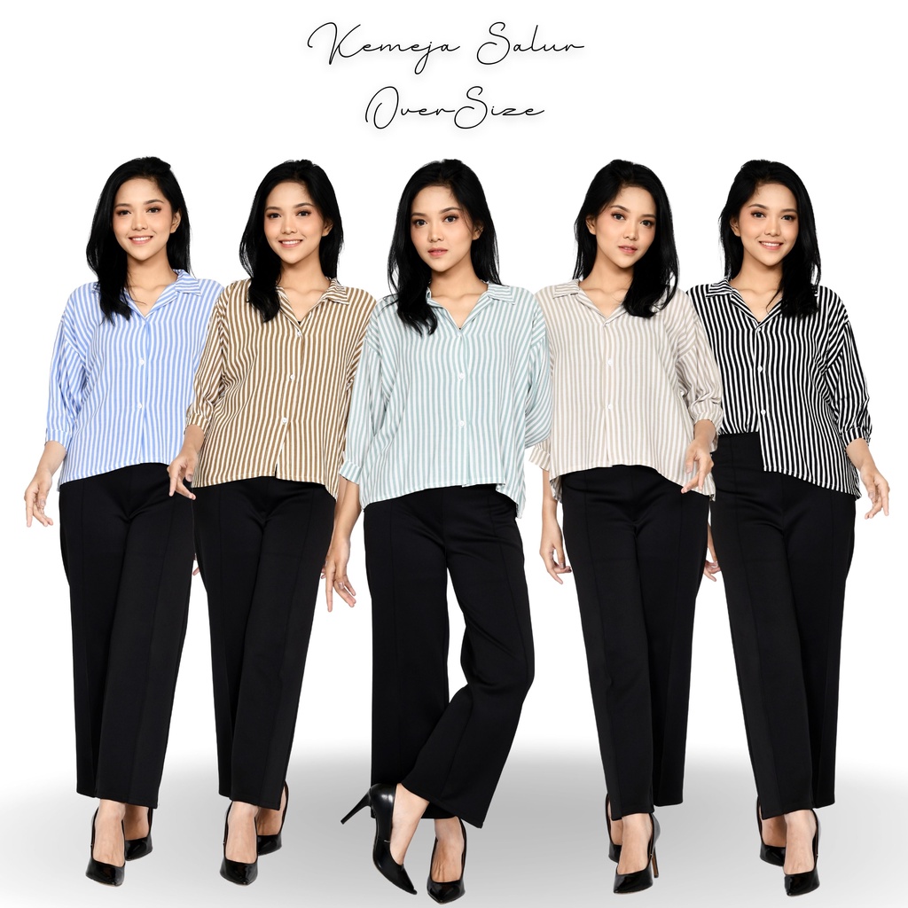 Kemeja Wanita OverSize Crop Motif Salur Garis Terbaru Kekinian l Cwek Style Korea