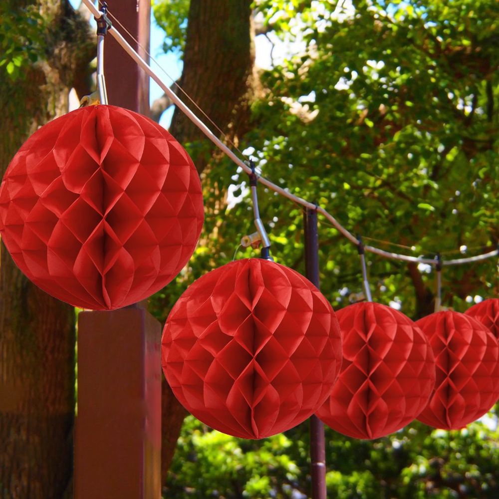 1 Pc Lampion Kertas Bulat Motif Sarang Lebah Warna Merah Gaya China Tradisional Untuk Dekorasi Pesta