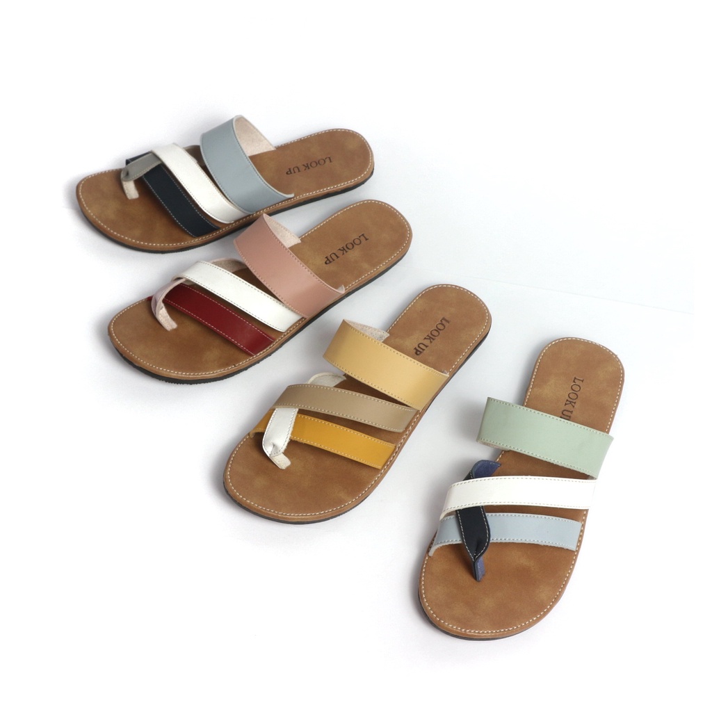 Sandal Kulit Wanita Sandal Jepit Tali Wanita Sandal Jepit Slop Slide Wanita Flat Motif Kombinasi Look Up - AURA