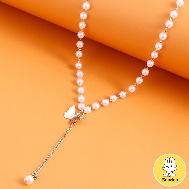 Retro Butterfly Pearl Kalung Lembut Gadis Kecil Cinta Liontin Kalung Rantai Klavikula -Doo -Doo