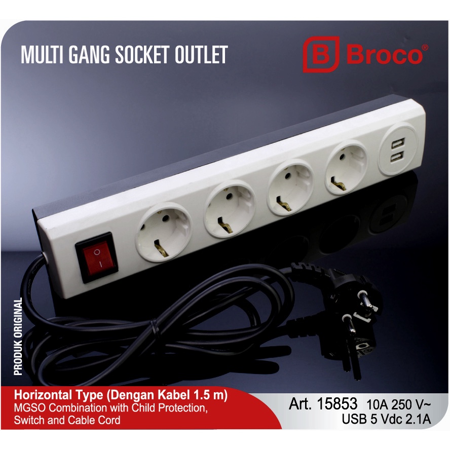 Broco Stop Kontak 4 Lubang 15853 CP + 2 USB + Switch Lamp &amp; Kabel 1.5M