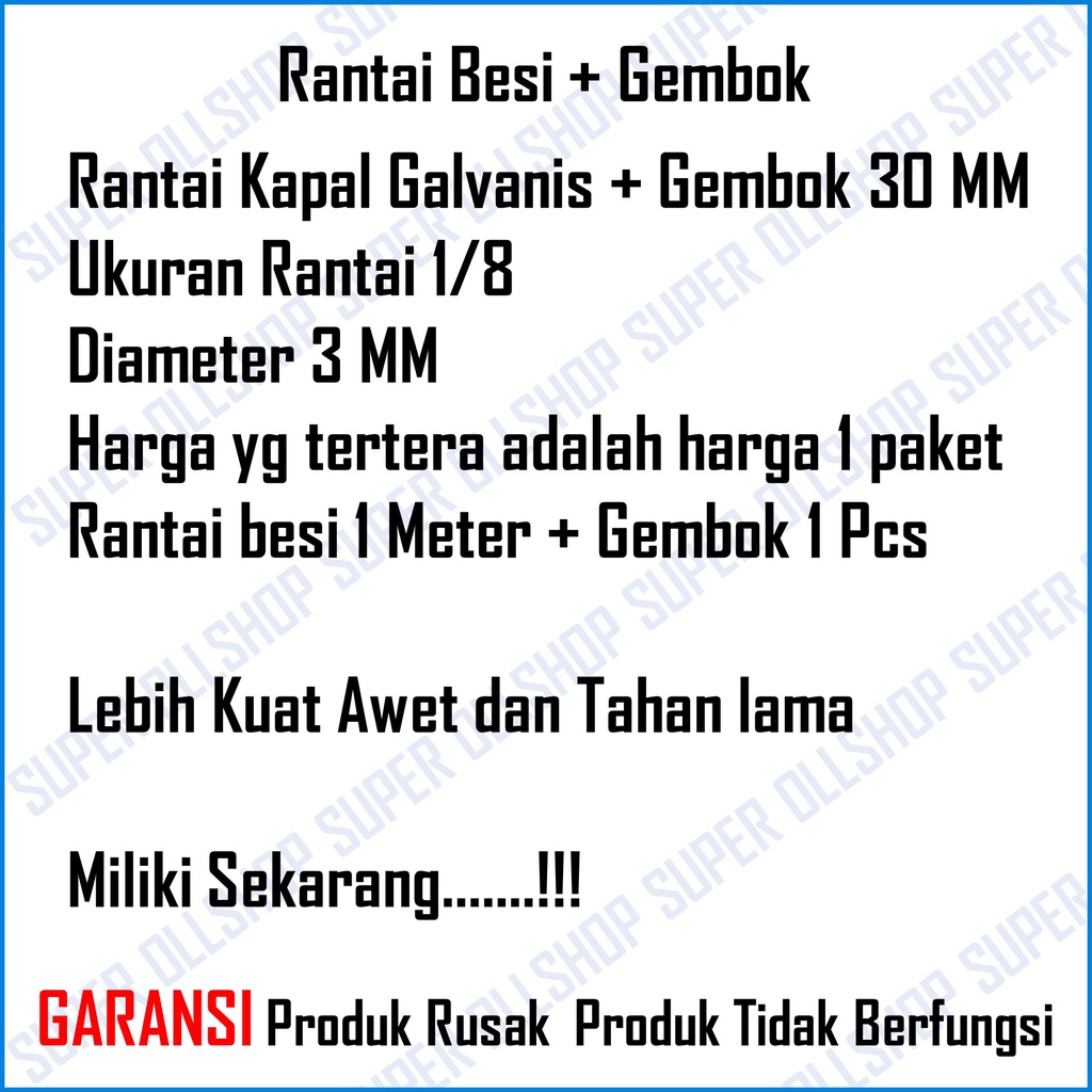 Gembok Rantai Besi 100 Cm Slot Kunci Pengaman Sepeda Motor Pagar Rumah Besi 1/8&quot;  3 MM Galvanis / 1 Paket Gembok 30 MM