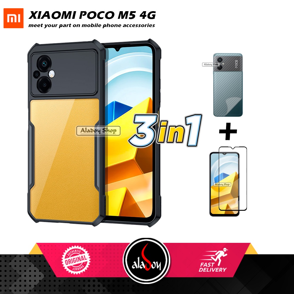 Case Xiaomi Poco M5 4G Armor Fushion Transparent Casing + Tempered Glass Full Layar dan Skin Carbon