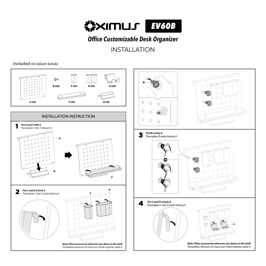 Pegboard Standing Office Customizable Desk Organizer OXIMUS EV-60B