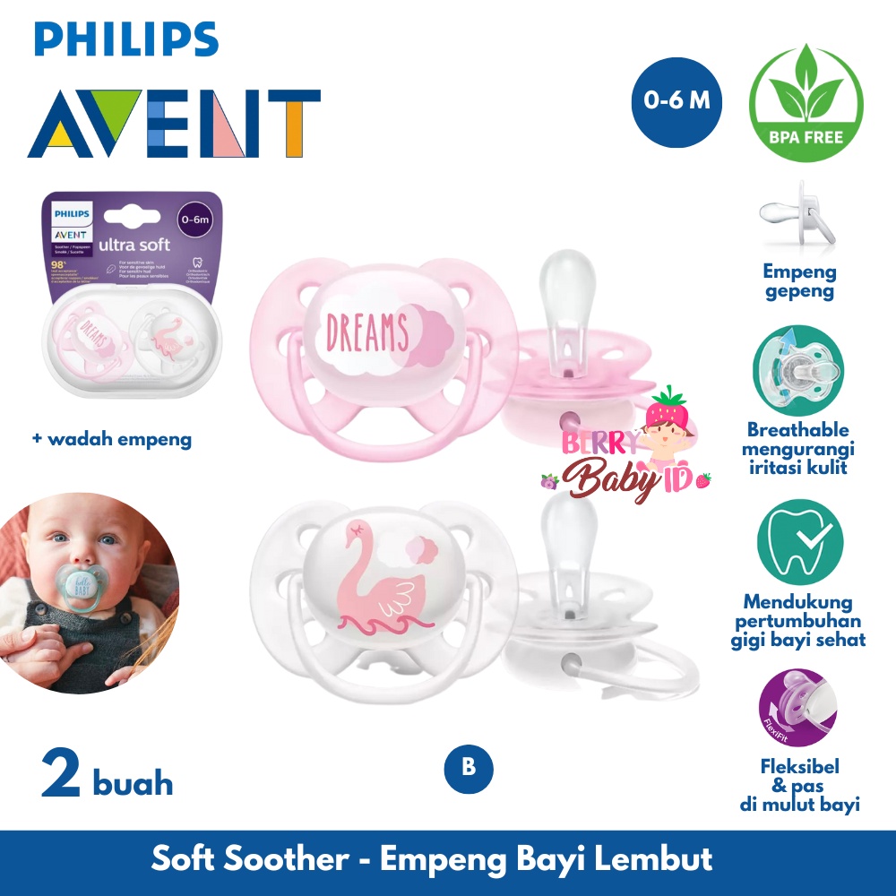 Philips Avent Soft Soother Twin Pack 2 Pc Empeng Bayi 0-6m 6-18m Berry Mart