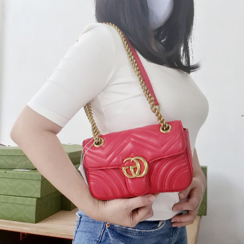 [oline_online] tas wanita selempang kekinian wave motif shoulder marmont 2way convertible small size party size bag gc love red black white gucci