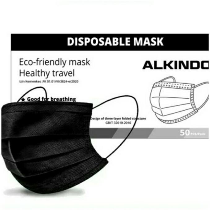 MASKER MEDIS ALKINDO FACE MASK 3 PLY WARNA HITAM PEKAT FULL BLACK t-luckybucket Murah