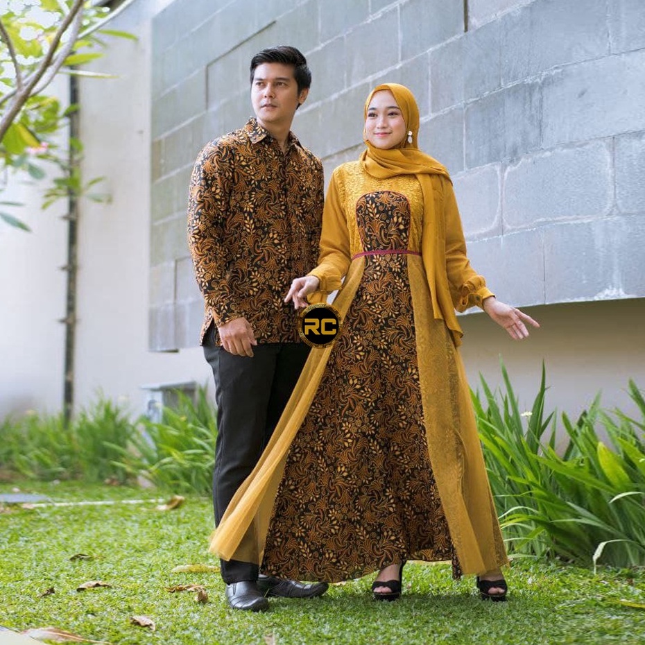 Gamis Kombinasi 5840 Couple Gamis Batik Kombinasi Brokat Tille Kuning