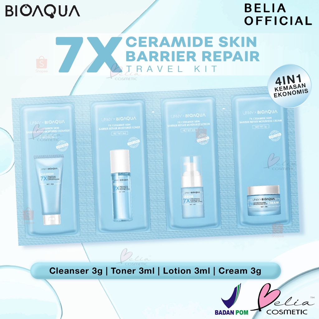 ❤ BELIA ❤ BIOAQUA 7X Ceramide Skin Barrier Repair Moisturizer Travel Kit Skincare Paket With Cleanser 3g + Toner 3ml + Emulsion 3ml + Cream 3g