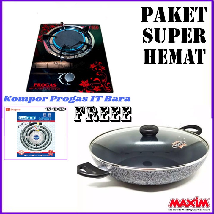 NEW MAXIM CERAMIC WOK 30 CM + TUTUP + KOMPOR PG API BARA + SLANG REGULATOR BERGARANSI RESMI