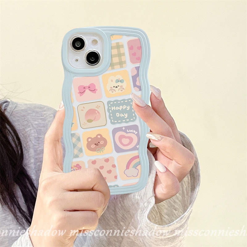 Realme 10 C33 C30 9 9Pro+ 8I 9i C15 C35 C3 C25 8 7 5 5s 6i 5i C21Y C12 C11 C25s C25Y C20A C20 Cartoon Lattice Illustration Cute Bear Rainbow Love Heart Wave Edge Soft Phone Case