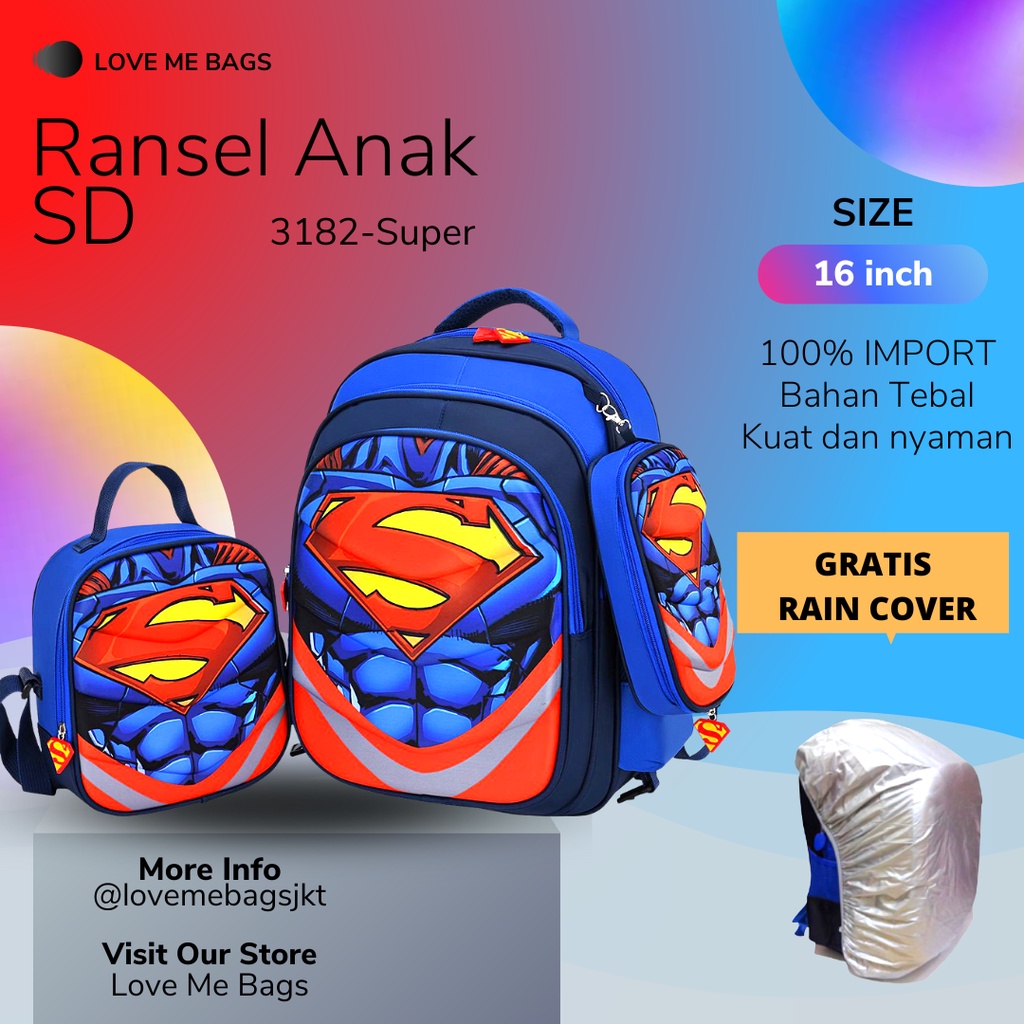 LMB Tas Sekolah Anak Laki Laki SD Import Set 3in1 Bahan Nilon Premium Bagian Depan Timbul 6D Tebal Dan Kuat