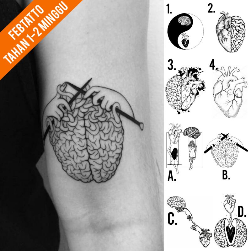 Tato Temporer Tato heart brain Stiker Tato Minimalis - OTAJ