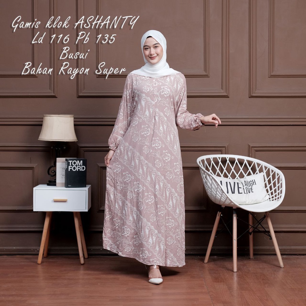 GAMIS ASHANTY RAYON PREMIUM MOTIF CAP MALAMAN BUSUI DEPAN KEKINIAN KARET LENGAN DRESS WANITA SYARI TERBRU