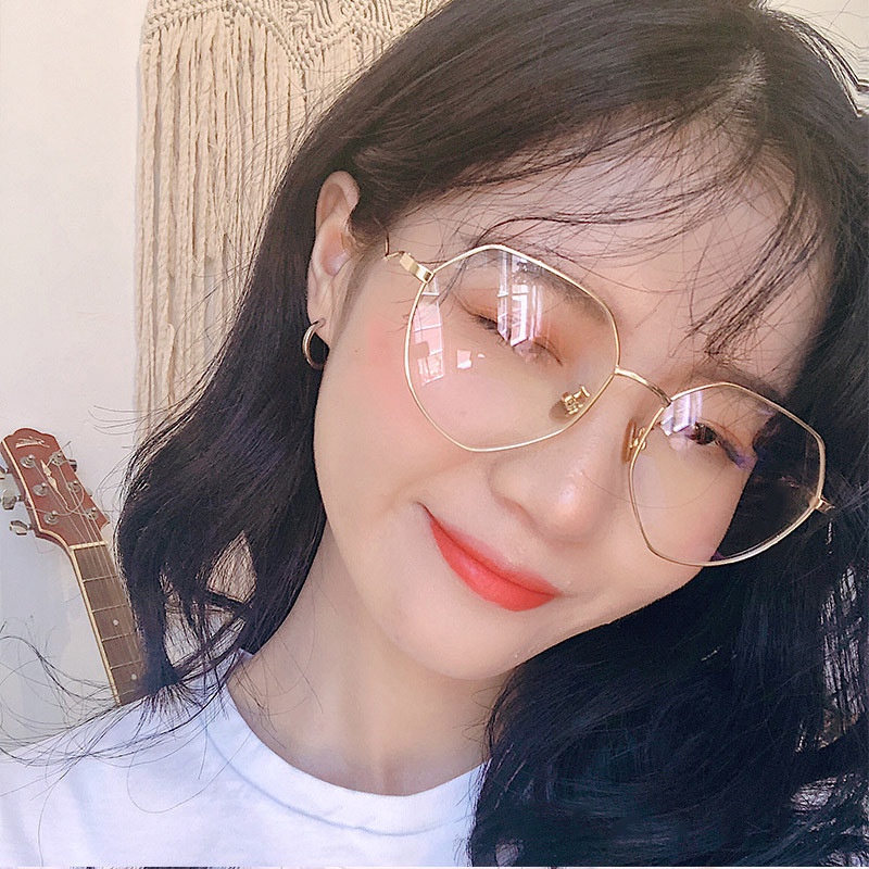 Papaozhu Chic Emas Logam Poligon Kacamata Untuk Wanita Perempuan Korea Cahaya Biru Blocking Lens Glasses Trendy Eyewear