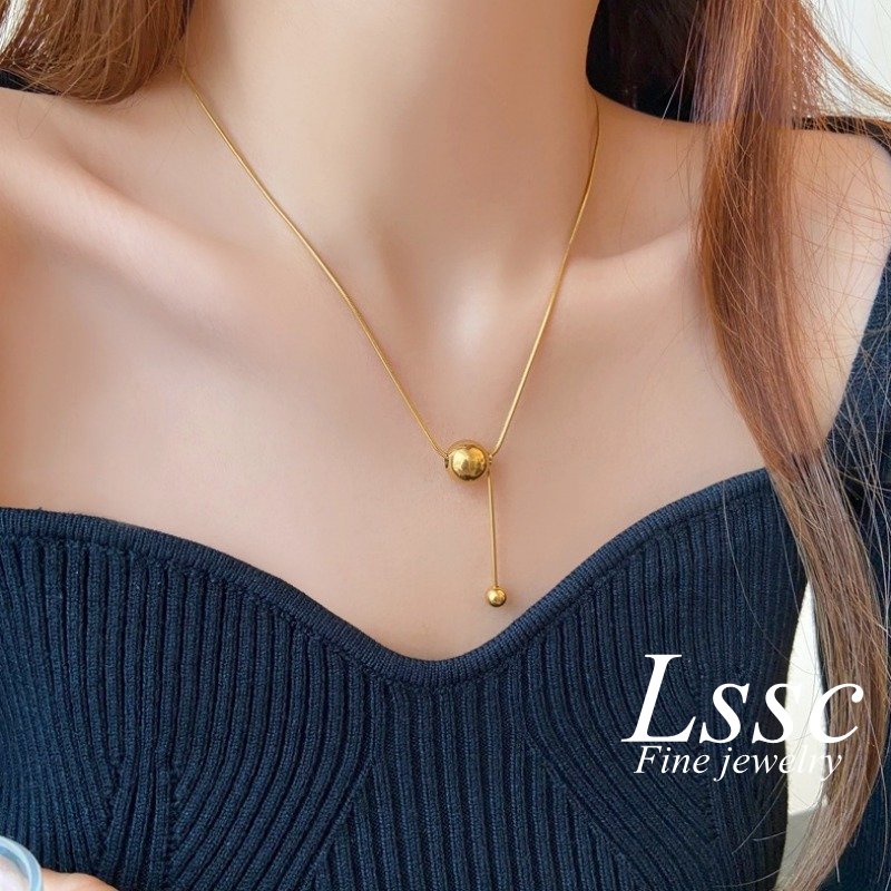 Kalung Titanium Asli Anti Karat Bola Emas 18K Cantik Aksesoris Wanita Fashion Korea