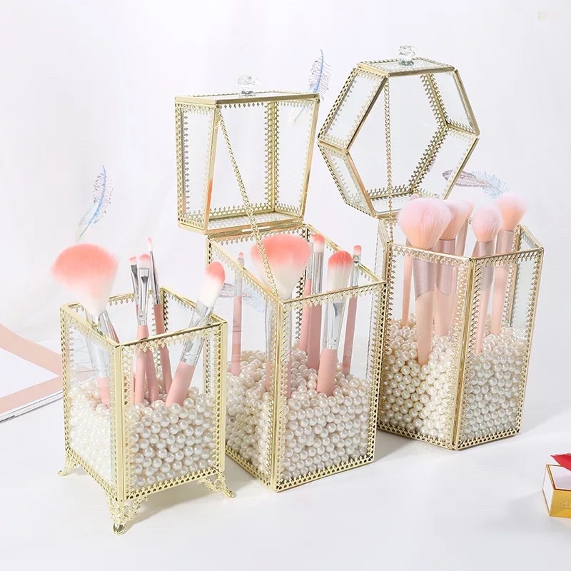 Storage Box Transparent Glass Brush Holder Tempat Brush Makeup