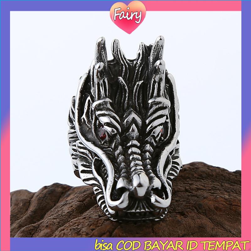 Cincin Desain Ukiran Kepala Naga Bahan Cubic Zirconia Gaya Punk Untuk Pria F