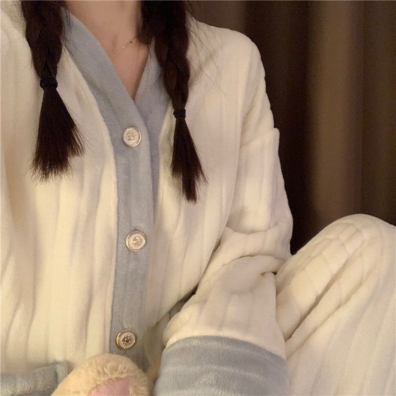 Suhao s new ins coral fleece pajamas women s autumn and winter plus beludru tebal flanel home service suit bisa dipakai di luar di musim dingin