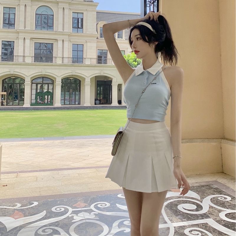 Suhao Setelan Rok Selebriti Wanita Keinginan Murni Polo Kerah Kontras Warna Backless Ketat Pendek Top T-shirt Lipit Rok two-Piece Set