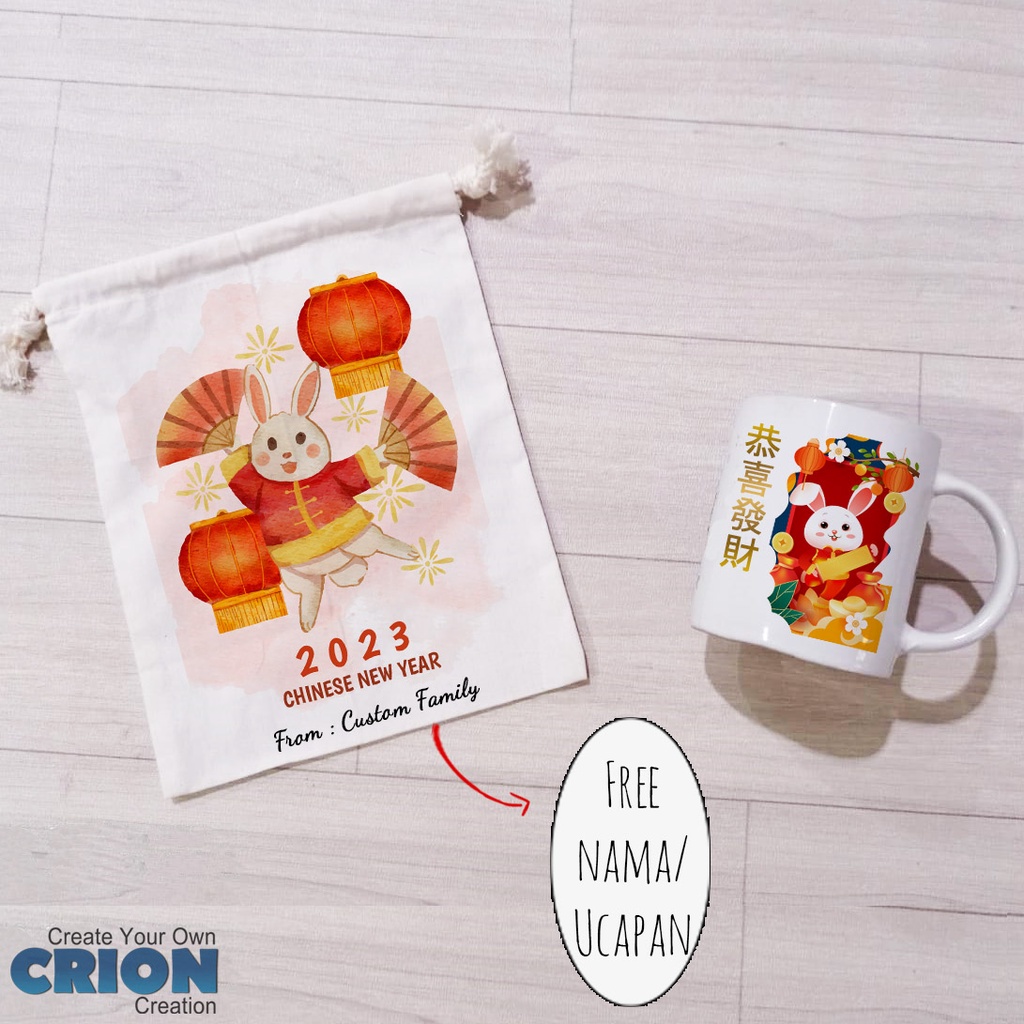 Mug Hampers Tahun Kelinci - Pouch serut Bisa Custom tulisan by crion