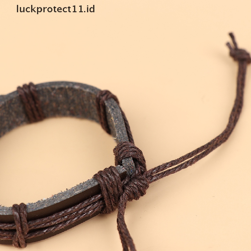 Gelang Bahan Kulit Desain Salib Yesus Kristen Gaya Vintage Untuk Pria Dan Wanita