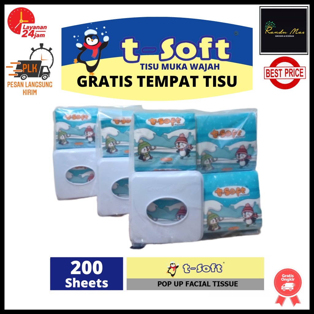 T-SOFT Pop Up Facial Tissue Ultra Soft Tisu Wajah Isi 4 Pack Super Lembut Gratis Tempat Tissu