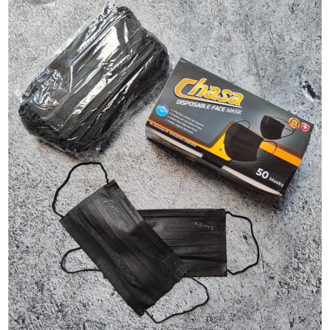 CHASA 3PLY EMBOS - MASKER 3PLY CHASA EMBOS KEMENKES WARNA BOX BLACK t-bellasleepwears Berkualitas