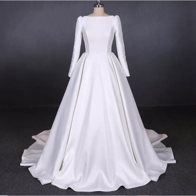 Simple ball gown backless Long sleeve Satin wedding dress bridal gown