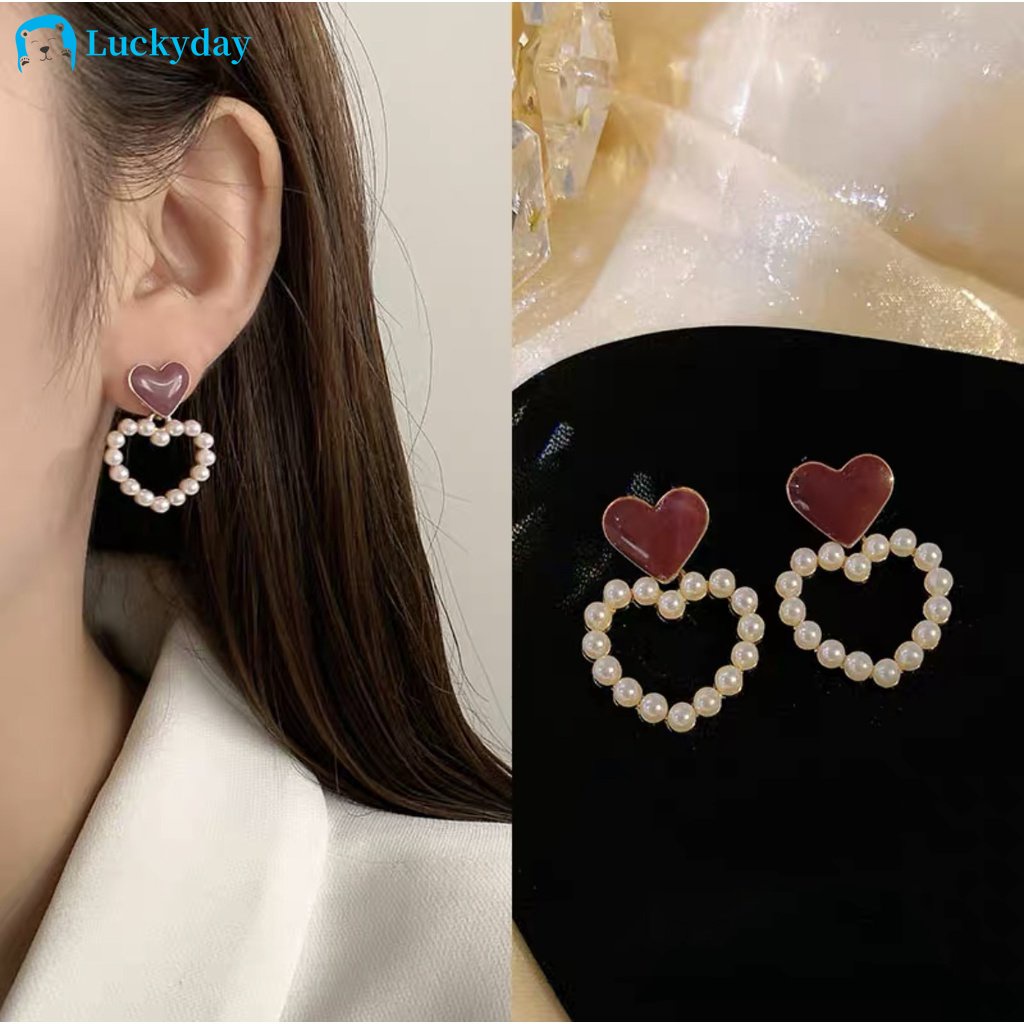 YEEZII Anting Tusuk Gantung Desain Hati Hollow Hias Mutiara Untuk Wanita