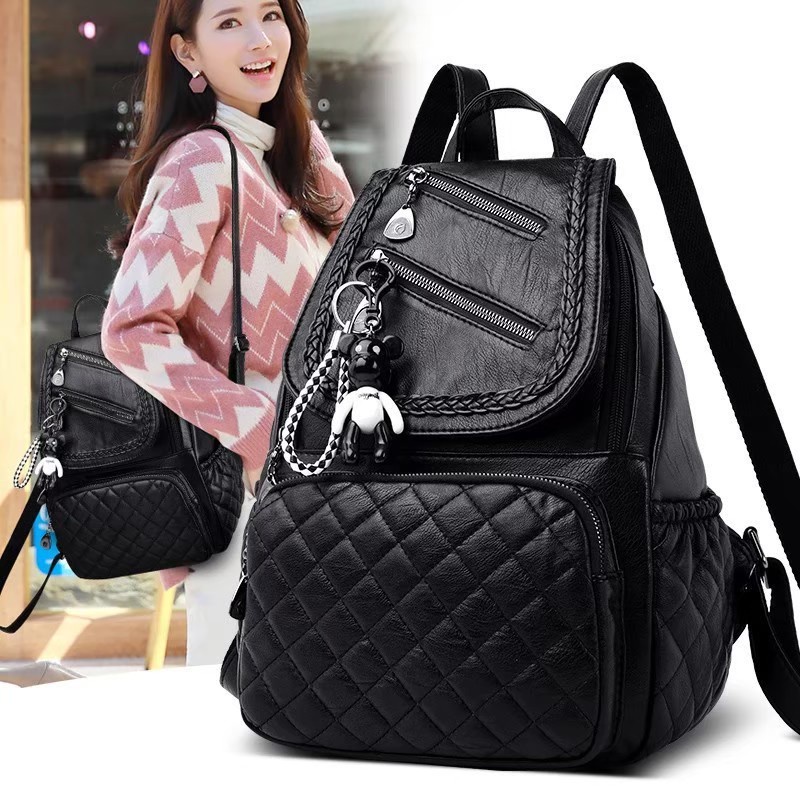 Ransel Mini Kulit sintetis Motif Jait Jait Bordir Tas Gendong Wanita Remaja Korean Style