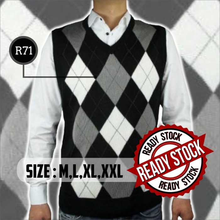 Rompi Rajut Motif Kotak Abu Putih Hitam - R71 | Rompi Modis Vest Pria