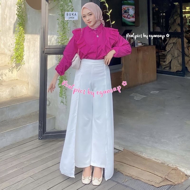 Amber | Blouse Rimpel Rufle Korean Style  Baju Atasan Wanita Kekinian Fashion Muslim  Fuschia Kondangan Dinner Party