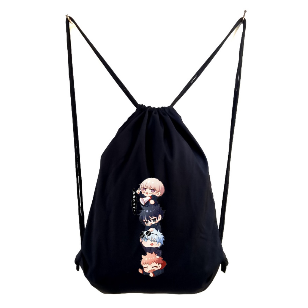 [LIMITED EDITION] Totebag Stringbag DTF Hitam Motif Chibi Jujutsu Tumpuk Manga Anime jujutsu kaisen kekinian tas kuliah sekolah kampus kerja olahraga