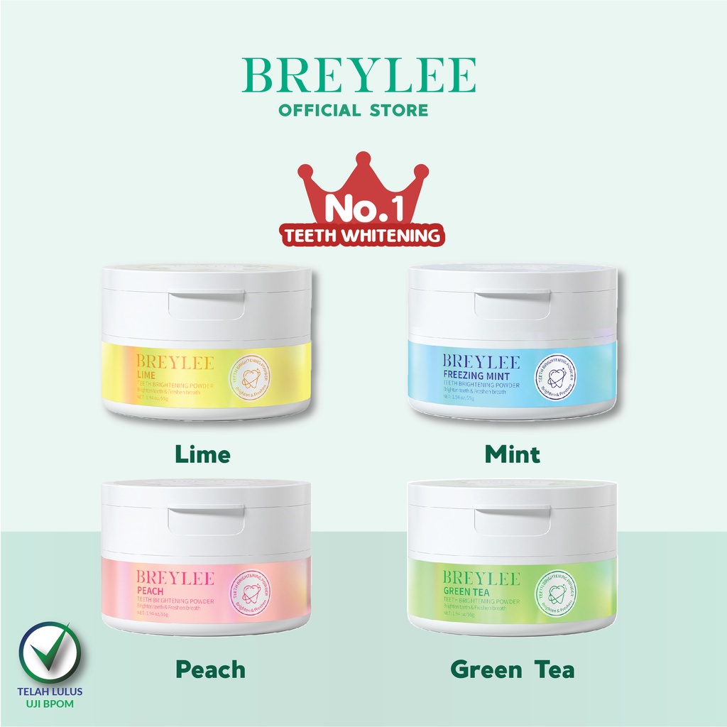 Pemutih Gigi Ampuh BREYLEE Teeth Powder Variant 30|55gr - Mencerahkan gigi (1pc) - Peach, Freezing Mint, Lime, Green Tea