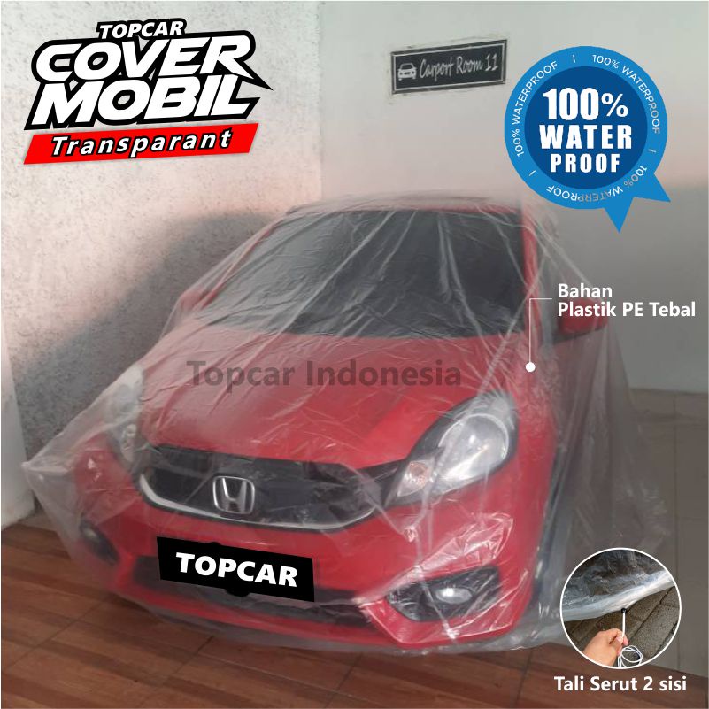 TOPCAR Cover Mobil Transparan Plastik Tebal Plastik PE 0.5 micron Waterproof Outdoor Indoor Teras Tali Serut