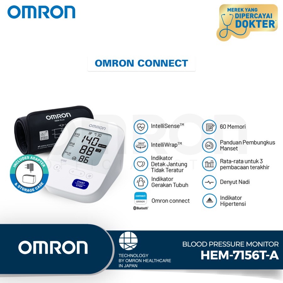 OMRON HEM 7156T-A + adaptor Tensimeter Digital + Connect Bluetooth Digital Tensimeter Alat Ukur Tekanan Darah With Bluetooth