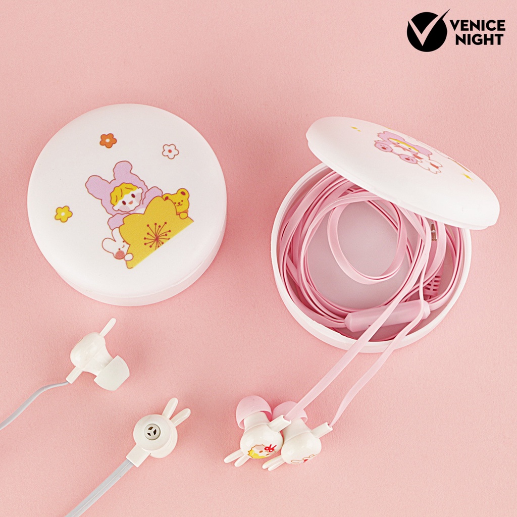 (VNEP) (Berkabel) Earbud Sensitif HD-kompatibel Memanggil dengan Mikrofon Cartoon Rabbit Box Earphone Stereo 3.5mm untuk Mendengarkan Musik