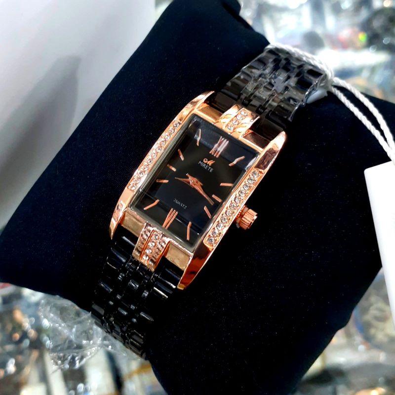 ( BESS SELLER) JAM Tangan Wanita Cantik Mirete Original Motif Permata Persegi Panjang Strap Rantai Stainlees Steel model KASUAL stainliss steel tahan air Free batre cadangan Jam Tangan Kasual Mewah Elegan Cewek Motif Permata / Jam Tangan Wanita mirete